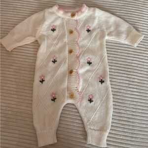 Cream Knit Baby One-Piece with Pink Floral Embroidery